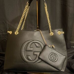 Gucci Soho “GG” Black Pebbled Leather Tote with Gold Accents w/ Coin Purse NWOT